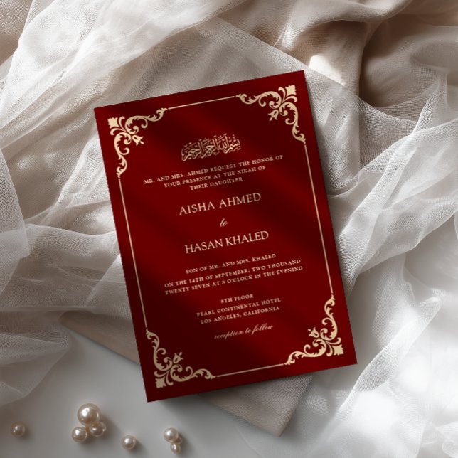 Baroque Frame Gold Script Burgundy Nikah Ceremony Invitation (Creator Uploaded)