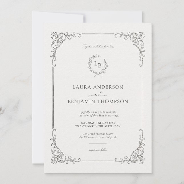 Baroque Frame Laurel Wreath Elegant Wedding Invitation (Front)