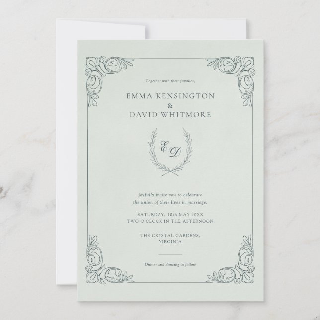 Baroque Frame Laurel Wreath I Mint Wedding Invitation (Front)