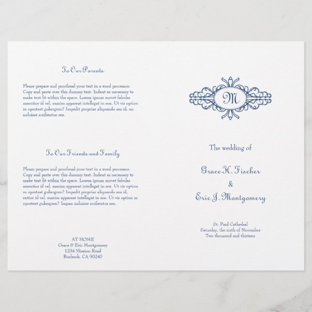 Baroque frame monogram navy blue wedding program (Front)