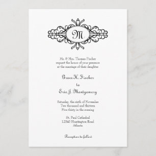 Baroque frame single monogram black white wedding invitation