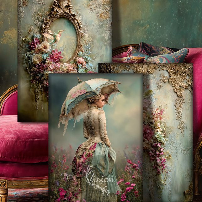Baroque French Woman, Bird & Floral, Matching Art  Wrapping Paper Sheet (Baroque Vintage Fantasy, French Woman, Hummingbird & Floral Heavyweight Decoupage Craft Paper.)