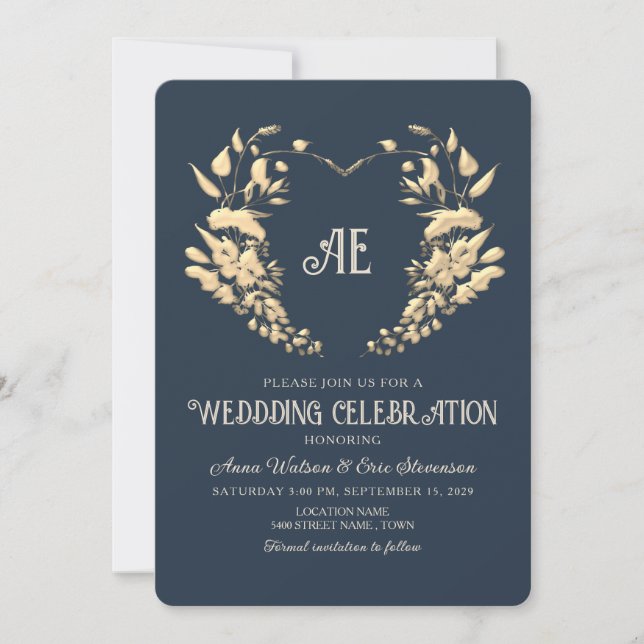 Baroque Gold and Navy Blue Wedding Invitation (Front)
