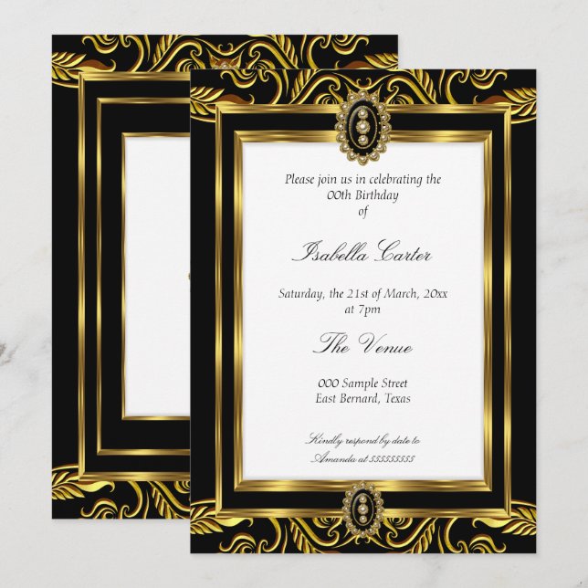 Baroque Gold black jewel white Birthday Party Invitation (Front/Back)