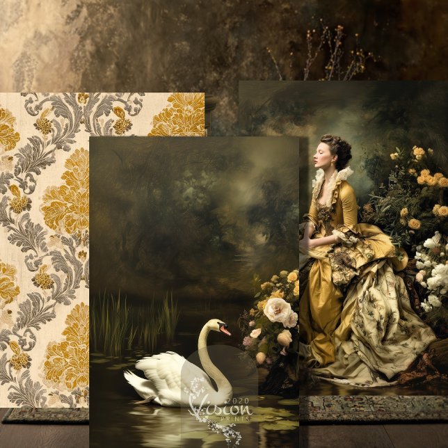 Baroque Gold Damask Lady Swan Portrait Set Wrapping Paper Sheet (Three baroque art prints flat lay display gold damask lady swan dark moody tones)