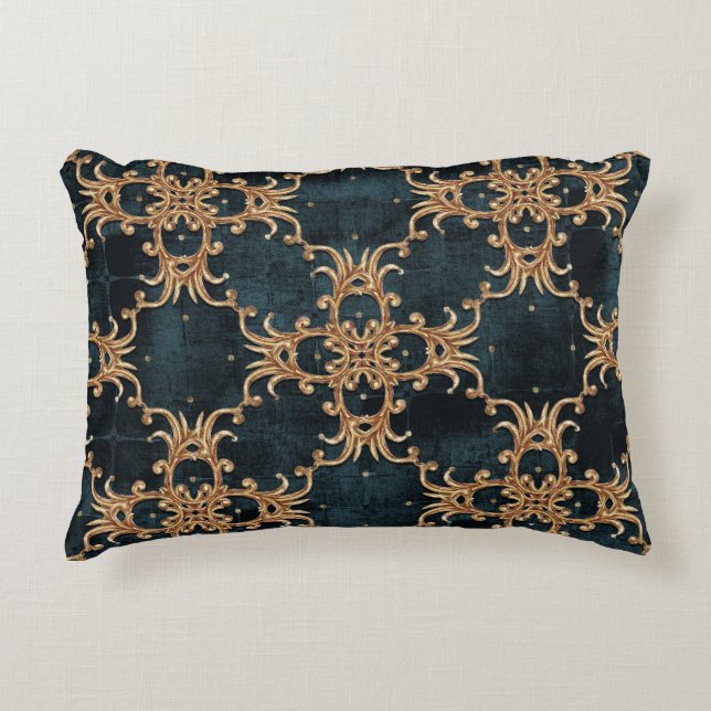 Baroque gold elements, dark teal seamless. decorative cushion (Front)