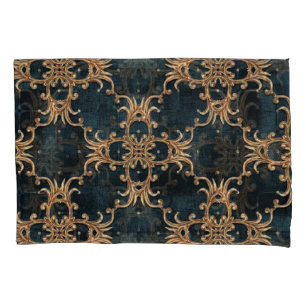 Baroque gold elements, dark teal seamless. pillowcase