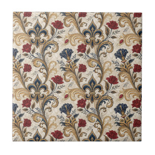 Baroque Gold Fleur-de-Lis & Roses Floral Damask Tile
