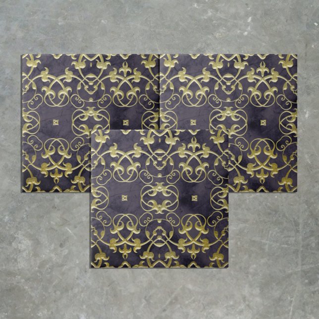Baroque Gold Flourish Ornaments On Purple Marble Tile (Creator Uploaded)