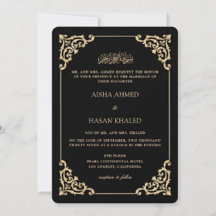 Baroque Gold Frame Romantic Black Muslim Wedding Invitation