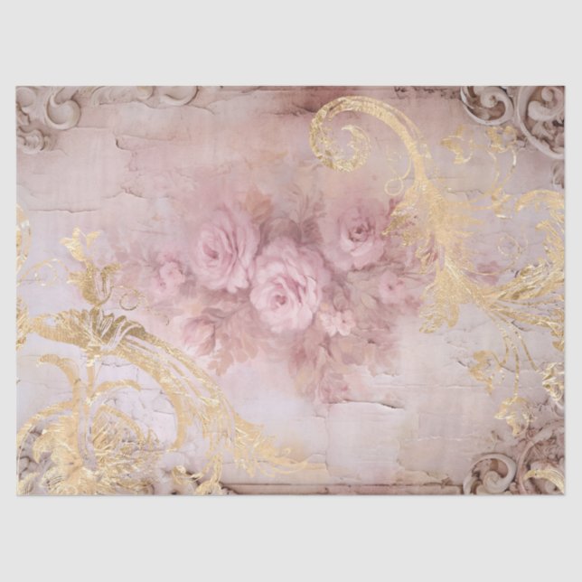 Baroque gold ornaments blush French roses Tissue Paper (Front)