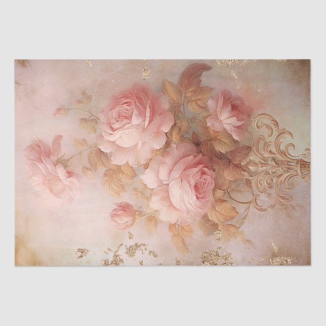 Baroque gold ornaments lush pink roses decoupage tissue paper (Front)