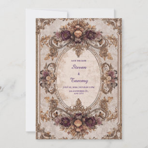 Baroque Gold Plum Floral Oval Frame Wedding Invitation