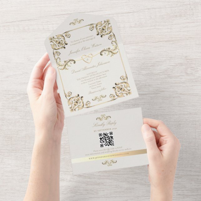 Baroque Gold Wedding QR Code All In One Invitation (Tearaway)