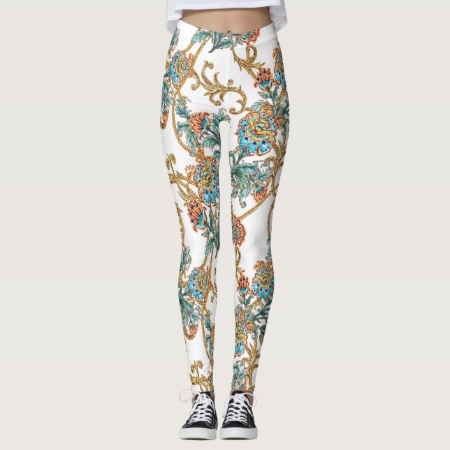 Baroque Golden Floral Elegant  Leggings (Front)