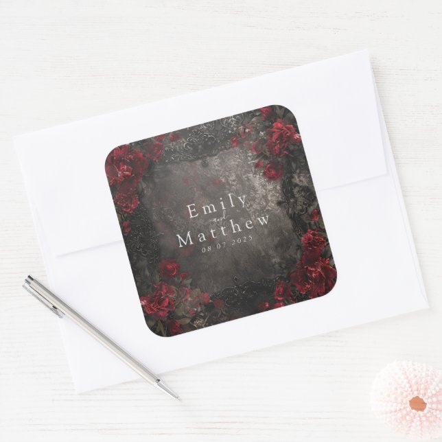 Baroque Gothic Peonies Wedding Square Sticker (Envelope)