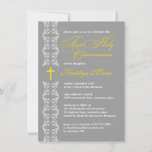 Baroque Grey Strip First Holy Communion Invitation