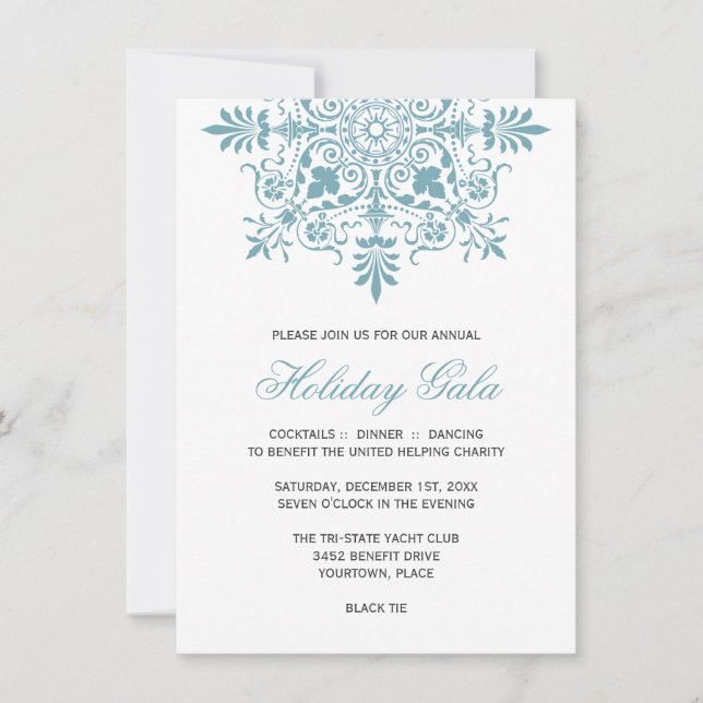 Baroque Ice Blue Ornamental Holiday Gala Invitation (Front)