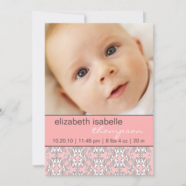 Baroque in Pink Baby Girl Photo Announcement (Front)
