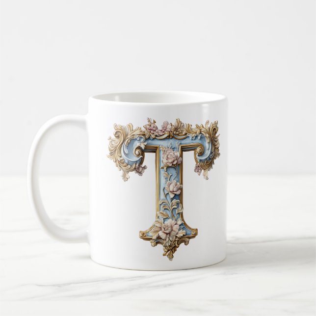 Baroque Initial 'T' Mug for a Coffee Princess (Left)