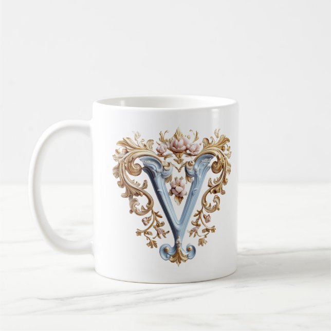 Baroque Initial 'V' Mug for a Coffee Princess (Left)