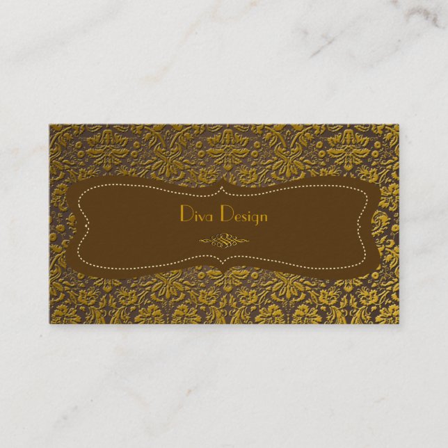 Baroque lace damask /faux gold/chestnut brown business card (Front)