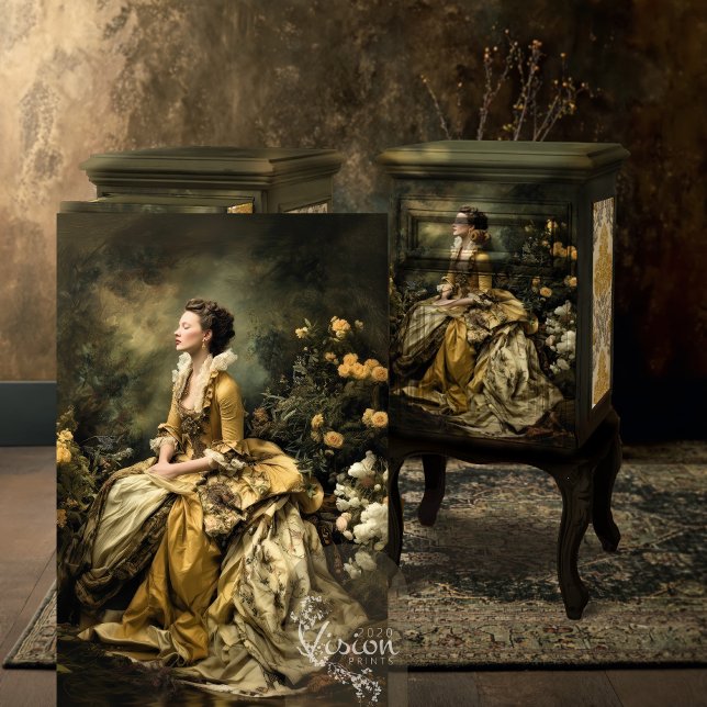 Baroque Lady Gold Ballgown Moody Floral Portrait Tissue Paper (Baroque lady portrait print displayed on dark ornate vintage cabinet antique room)