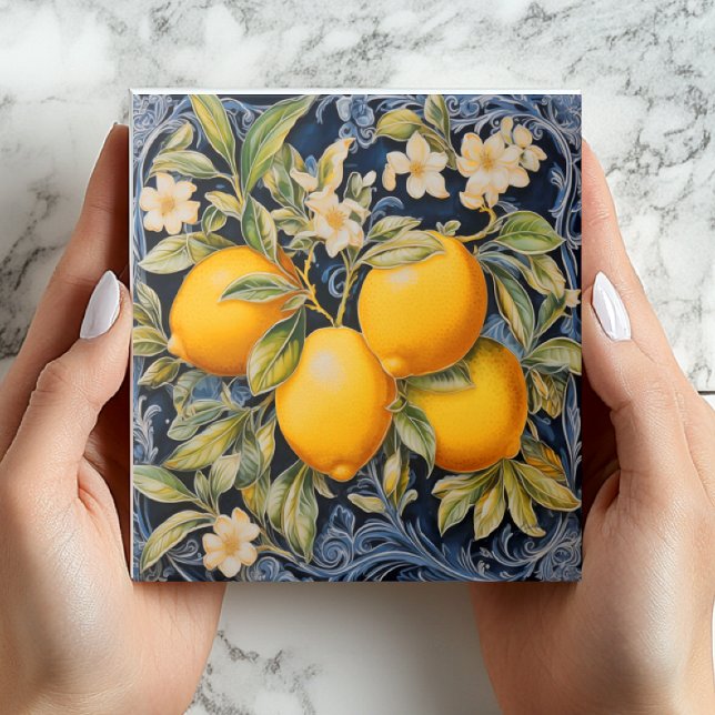 Baroque Lemon Botanical Ceramic Tile with Scrolls (Baroque)