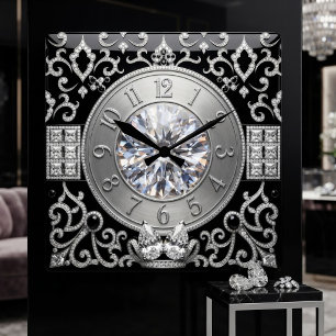 Baroque Luxury Diamond & Silver Brilliant Pavé Square Wall Clock