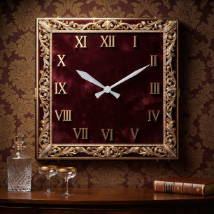 Baroque Luxury Red Velvet & Gold Diamond Filigree Square Wall Clock
