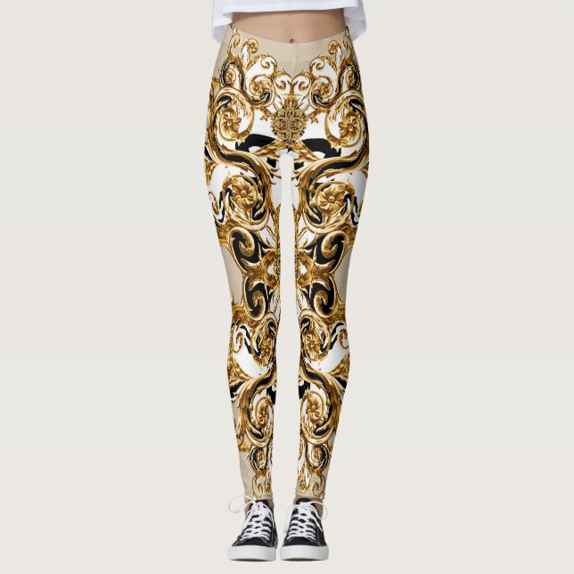 Baroque Meets Leopard: Golden Background Leggings (Front)