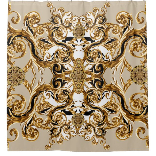 Baroque Meets Leopard: Golden Background Shower Curtain (Front)