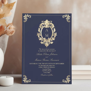 Baroque Navy Blue Gold Monogram Wedding Invitation
