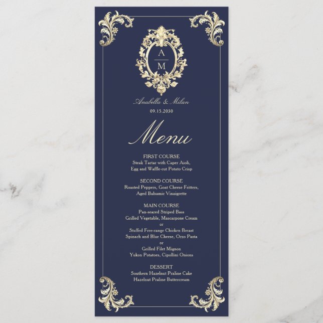 Baroque Navy Blue Gold Wedding Dinner Menu (Front)