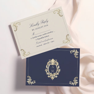 Baroque Navy Blue Gold Wedding RSVP Card