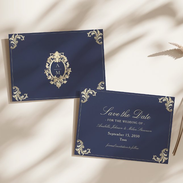Baroque Navy Blue Gold Wedding Save The Date (Creator Uploaded)