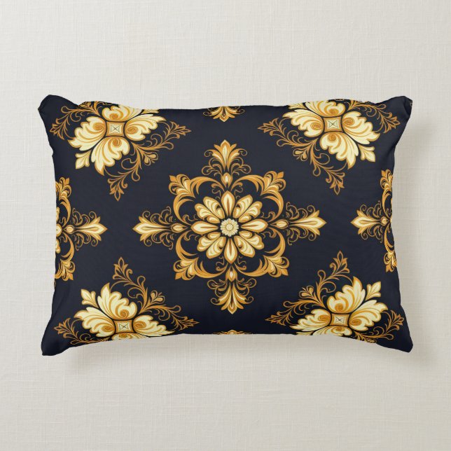 "Baroque Ornament Pattern in Gold and Black" Dec Decorative Cushion (Front)