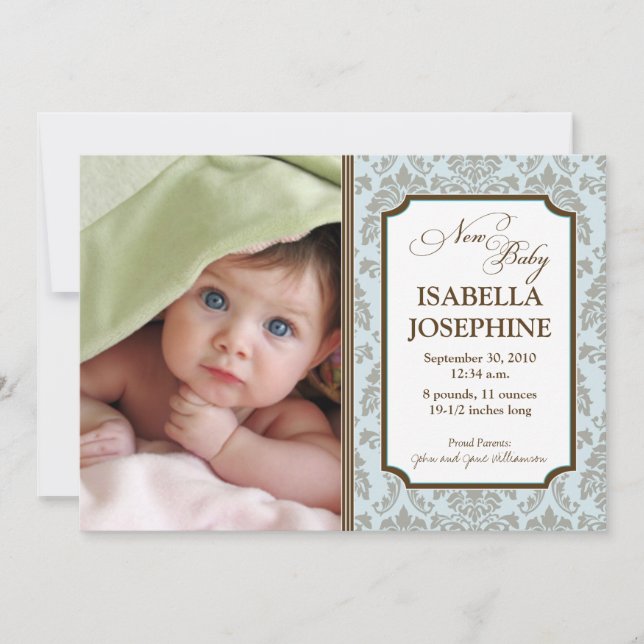 Baroque Pattern Baby Birth Announcement (blue) (Front)