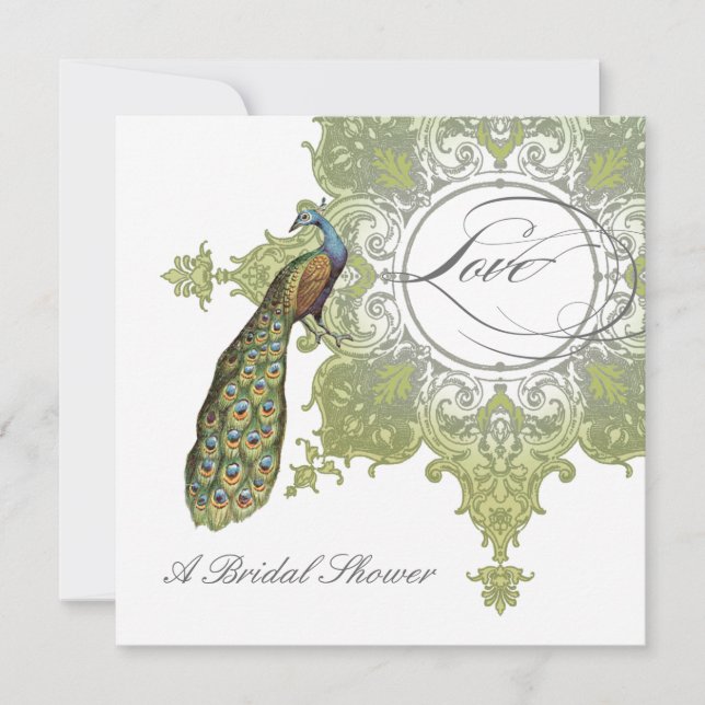 Baroque Peacock Bridal Shower Invite - Aqua Blue (Front)