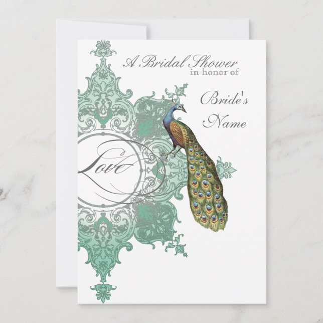Baroque Peacock Bridal Shower Invite - Blue Green (Front)
