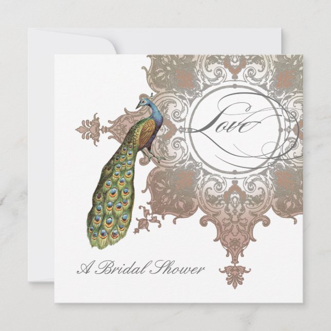 Baroque Peacock Bridal Shower Invite - Mocha Tan (Front)
