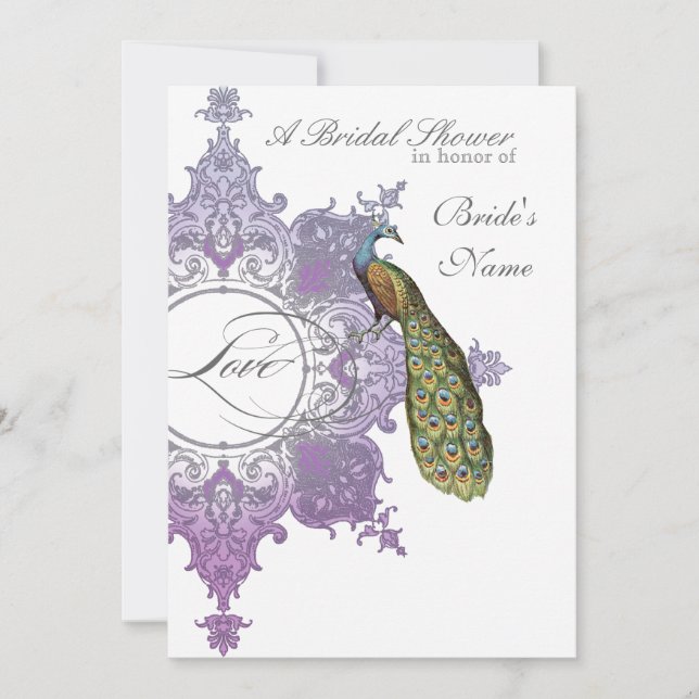 Baroque Peacock Bridal Shower Invite - Purple (Front)