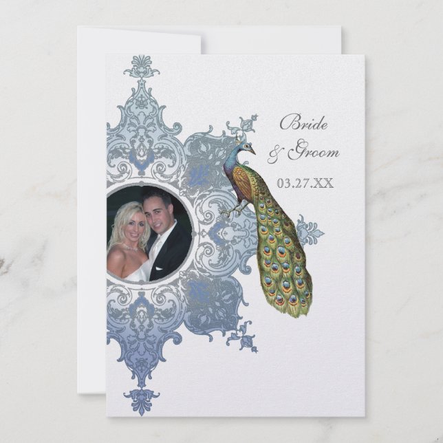Baroque Peacock Wedding Invitation - Blue (Front)