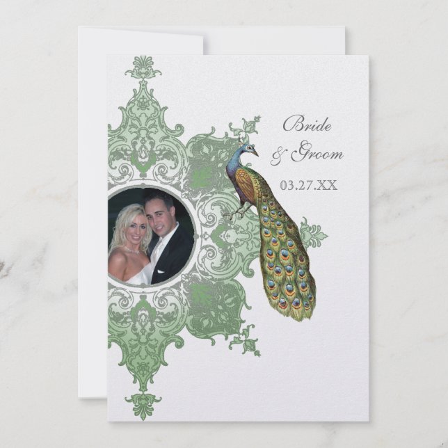 Baroque Peacock Wedding Invitation - Spring Green (Front)