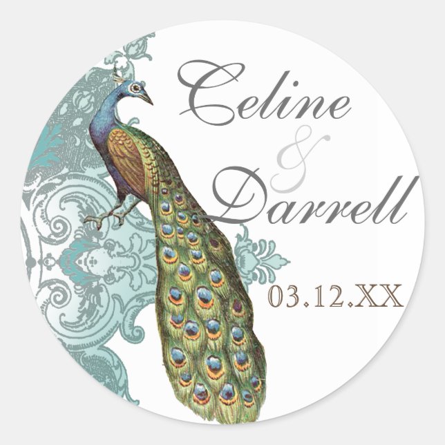 Baroque Peacock Wedding Sticker or Seal - Blue (Front)
