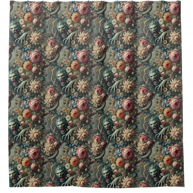 Baroque Peril – Gothic Floral Shower Curtain (Front)