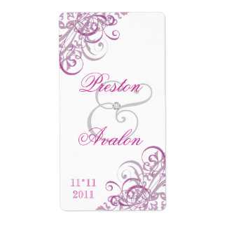 Baroque Pink Scroll White Wedding Wine Label