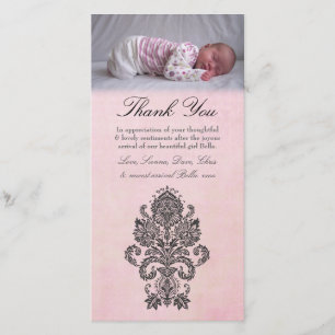 Baroque Pink Thank You Note Baby Girl Photo Card
