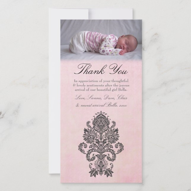 Baroque Pink Thank You Note Baby Girl Photo Card (Front)