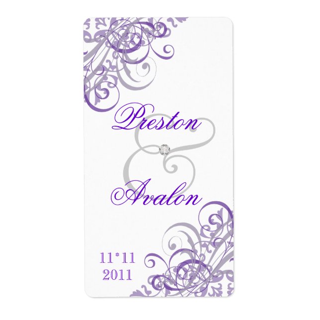 Baroque Purple Scroll White Wedding Wine Label (Front)